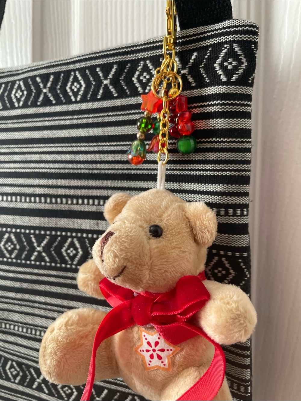 Plush Teddy Bear Bag Charm with Red Ribbon & Beaded Accent